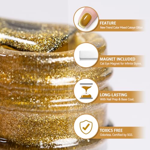 RARJSM Cat Eye Gel Nail Polish with Magnet Stick Diamond Brown Gold Velvet Cateye Glitter Gel Polish 15ml Single Bottle Sparkle Shimmer UV LED Curing Requires Soak Off Home Salon Christmas Manicure - Image 6