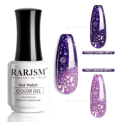 RARJSM Color Changing Gel Nail Polish 15ML Deep Purple to Light Purple Glitter Temperature Change Gel Polish Soak off UV Thermal Mood Changing Gel nail polish for Home Salon Manicure Nail Art - Image 3