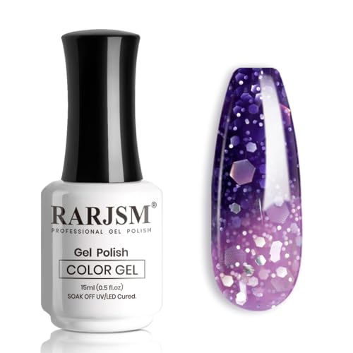 RARJSM Color Changing Gel Nail Polish 15ML Deep Purple to Light Purple Glitter Temperature Change Gel Polish Soak off UV Thermal Mood Changing Gel nail polish for Home Salon Manicure Nail Art