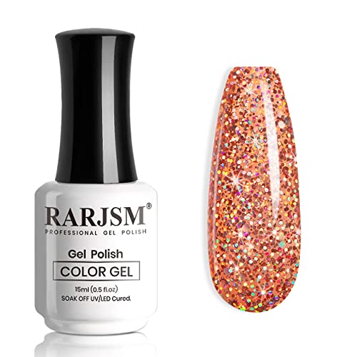 RARJSM Glitter Gel Nail Polish Rose Gold Sparkly Iridescent Rainbow Shimmer Clear Pink Holographic Nail Gel Polish Soak off Led UV Curing Required 15ml High Pigments Gel for Home Manicure Nail Art - Image 9