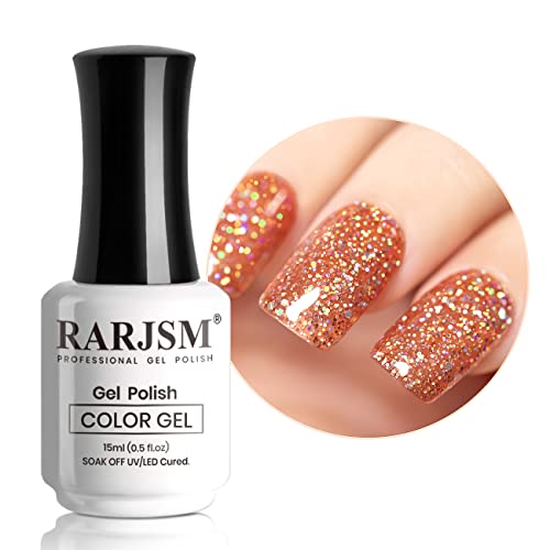 RARJSM Glitter Gel Nail Polish Rose Gold Sparkly Iridescent Rainbow Shimmer Clear Pink Holographic Nail Gel Polish Soak off Led UV Curing Required 15ml High Pigments Gel for Home Manicure Nail Art