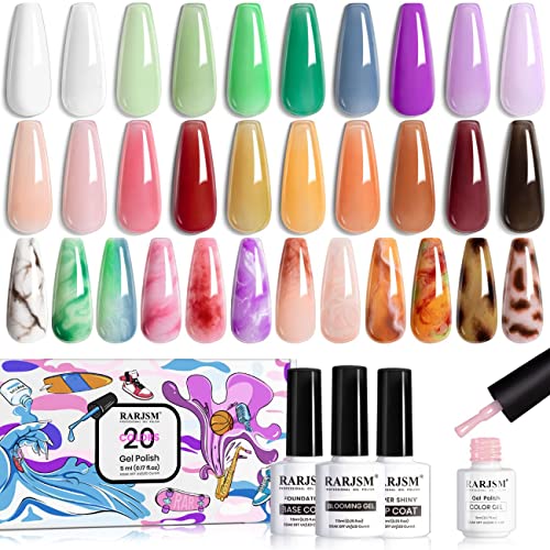 RARJSM Jelly Gel Nail Polish Set 20 Colors with Blooming Gel Polish Glossy Top and Base Coat Summer Netural Sheer Transparent Pink Orange Brown Black Green Color Kit 5ml UV LED Curing Need Soak off