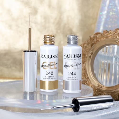 RARJSM Metallic Gel Liner Nail Art Silver Bronze Gold 2pcs Set Mirror Chrome 3D Effect Gel Nail Polish 8ml Build in Thin Brush Metal Painted Drawing Stripper Gel Polish Curing Requires for Home Salon - Image 4