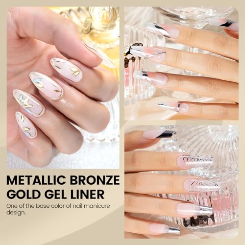 RARJSM Metallic Gel Liner Nail Art Silver Bronze Gold 2pcs Set Mirror Chrome 3D Effect Gel Nail Polish 8ml Build in Thin Brush Metal Painted Drawing Stripper Gel Polish Curing Requires for Home Salon - Image 2