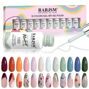 RARJSM Nail Art Gel Liner 12 Colors Collection Sage Green Dusty Pink Navy Blue Orange Painted Gel Nail Polish Set 5ml UV LED Cured Nail Design Thin Striper Brush for Home Salon Mani Diy Summer