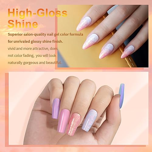 RARJSM Nail Art Painted Nail Polish Set and 6 Sunset Colors Light Purple Blue Pink Red Gold Shimmer Mermaid Swirl Thread Gel Nail Polish Set - Image 8