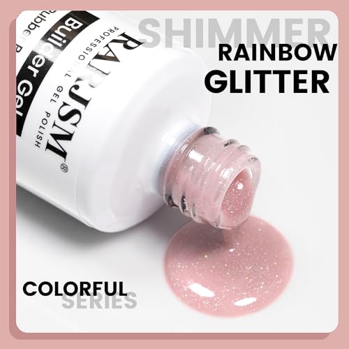 RARJSM Nude Glitter Rubber Base Gel Nail Polish Icy Jelly Pink Rainbow Shimmer Rubber Base Gel for Nails Iridescent Brush on Quick Extend Builder Hard Gel Soak Off Curing Requires 15ml French Manicure - Image 5