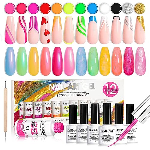 RARJSM Painting Nail Art Gel Liner Set 12 Colors and earl Gel Nail Polish Set Neon Green Blue Yellow Orange Red Pink Rainbow 6 Bright Colors