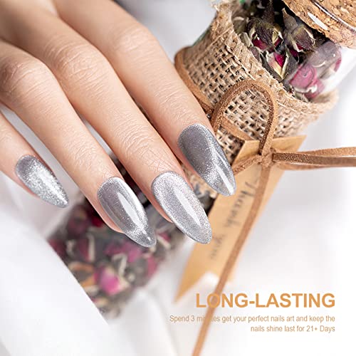 RARJSM Silver Cat Eye Gel Nail Polish 9D Cateye Galaxy Universal Glitter Shimmer Velvet Ice Gel Polish Single Bottle 15ml with Magnetic Stick UV LED Curing Requires Soak Off Home Salon DIY Manicure - Image 3