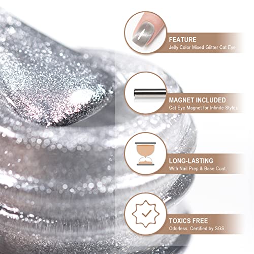 RARJSM Silver Cat Eye Gel Nail Polish 9D Cateye Galaxy Universal Glitter Shimmer Velvet Ice Gel Polish Single Bottle 15ml with Magnetic Stick UV LED Curing Requires Soak Off Home Salon DIY Manicure - Image 4