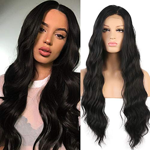 RDY Black Wigs Long Body Wave Synthetic Lace Front Wigs for Black Women 24 Inches #1B Black Glueless Wig with Natural Hairline Heat Friendly Fiber 150% Density Half Hand Tied Lace Wigs for Daily Wear