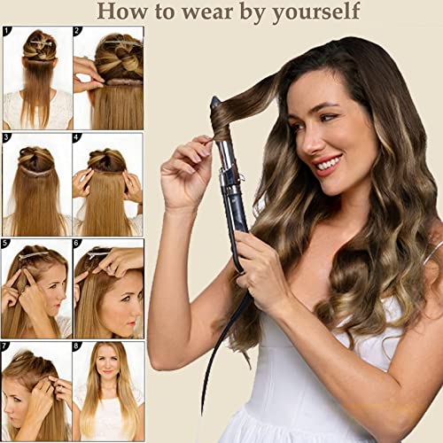 Real Hair Extensions,OiMiGO Ombre Brown to Blonde Human Hair Clip in Extensions Two Tones Highlight Straight Hair Extension for Women,Full Head Thick Hair Extension (#4/18,14Inch) - Image 3