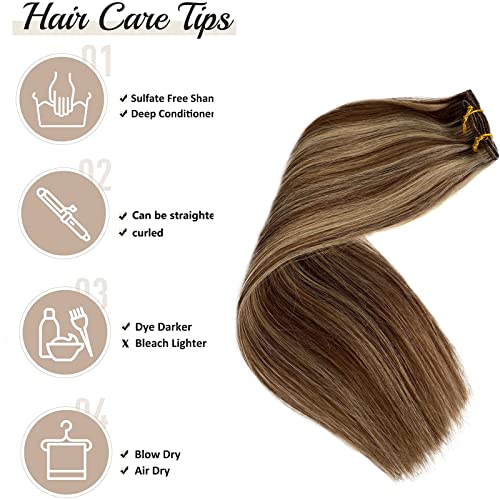 Real Hair Extensions,OiMiGO Ombre Brown to Blonde Human Hair Clip in Extensions Two Tones Highlight Straight Hair Extension for Women,Full Head Thick Hair Extension (#4/18,14Inch) - Image 6