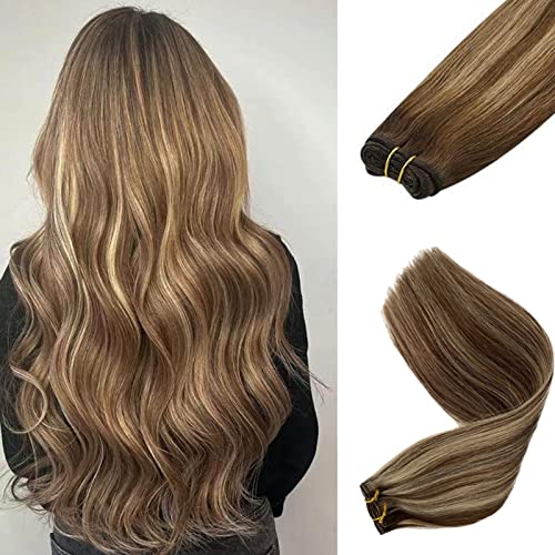 Real Hair Extensions,OiMiGO Ombre Brown to Blonde Human Hair Clip in Extensions Two Tones Highlight Straight Hair Extension for Women,Full Head Thick Hair Extension (#4/18,14Inch)