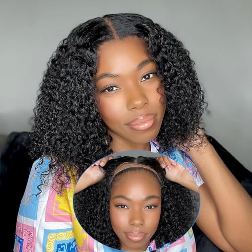 Real Wear And Go Short Curly Wig Human Hair 180% Density Black Water Wave Bob Human Hair Wigs Glueless Pre-cut 4x4 Lace Closure Wig Brazilian Human Hair 12Inch
