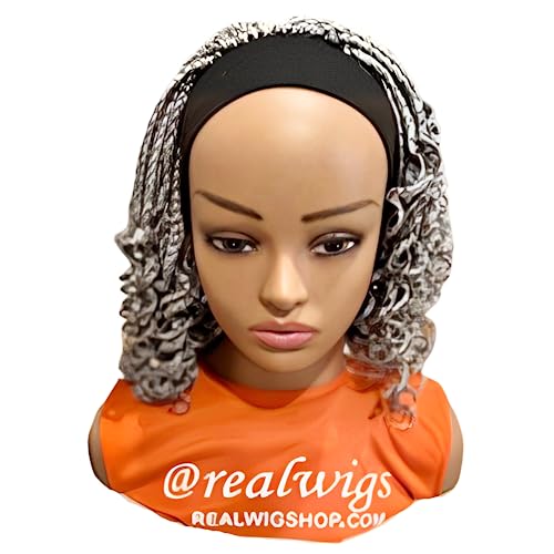RealWigs 12" Grey Headband Braided Wig With Curly Tips For Black Women, box braids, knotless braids br