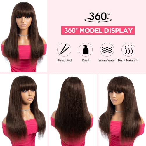 Rebecca Fashion #4 Dark Brown Straight Human Hair Wig with Bangs Ombre Brown Honey Blonde Wigs for Women Glueless Wigs for Beginners, Lazy Girls, Office Worker 18 Inch - Image 4