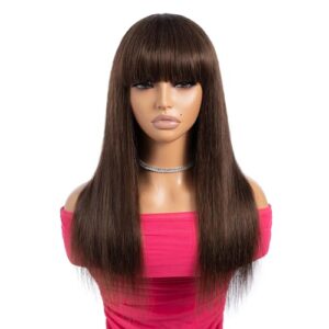 Rebecca Fashion #4 Dark Brown Straight Human Hair Wig with Bangs Ombre Brown Honey Blonde Wigs for Women Glueless Wigs for Beginners, Lazy Girls, Office Worker 18 Inch