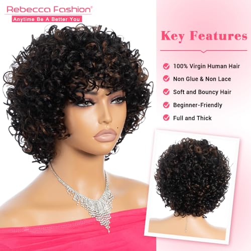 Rebecca Fashion Short Curly Wigs with Bangs Human Hair 8" Curly Wigs for Black Women Black Mixed Brown Color 150% Density Brazilian Virgin Hair (F1B/30) - Image 2