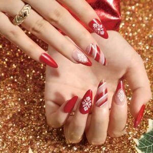 Chic Red French Tip Press-On Nails with Festive Snowflakes, 24 Count, Easy Application