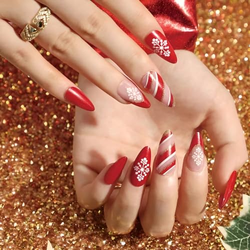 Chic Red French Tip Press-On Nails with Festive Snowflakes, 24 Count, Easy Application