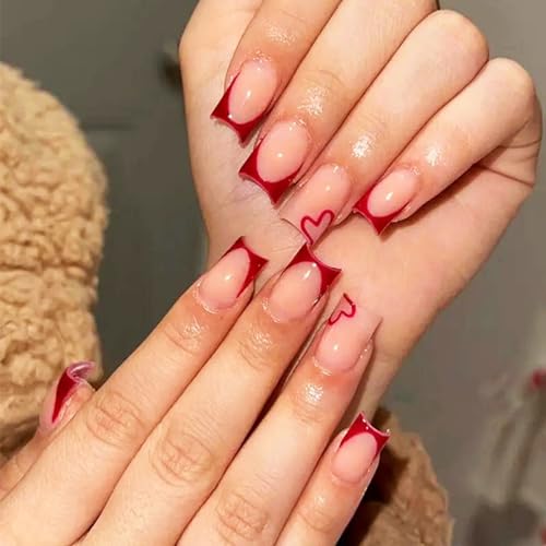 Red French Tips Valentine's Day Press on Nails Short Square, Glossy Nude Acrylic False Nails Gel Glue on Nails with Love Heart Design, Manicure Art Fake Nails Stick on Nails for Women Girls