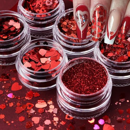 Red Holographic Chunky Heart Nail Art Glitter Sequins - 6 Jars Valentine's Day Collection - Image 2