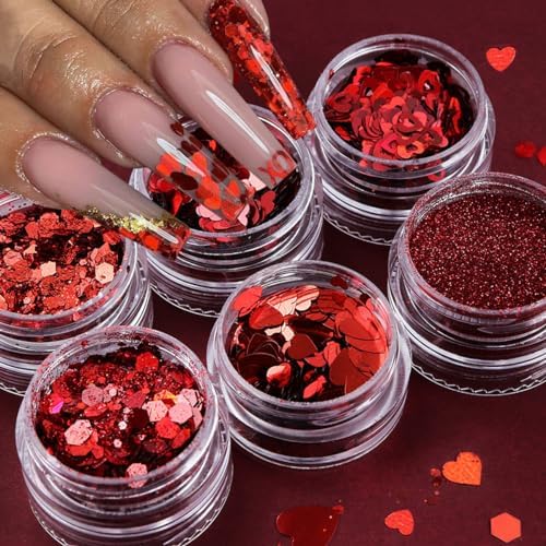 Red Holographic Chunky Heart Nail Art Glitter Sequins - 6 Jars Valentine's Day Collection