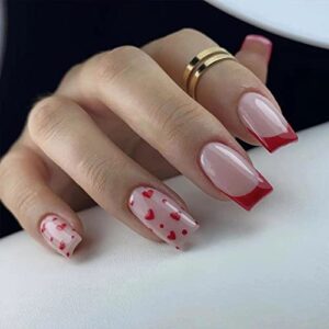 Red Press on Nails Short Square Fake Nails French Tip Nails with Red Polka Dots Hearts Design Short False Nails Red Nail Tips Full Cover Stick on Nails Glossy Acrylic Nails for Women Manicure Decor