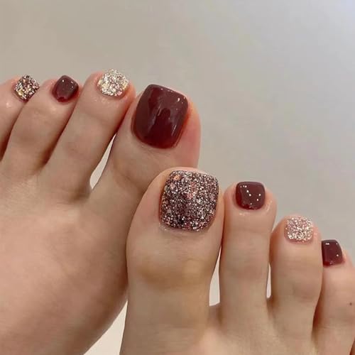 Red Press on Toenails Glitter Fake Toe Nails Sparkle False Toenails Full Cover Acrylic Toenails with Design Cute Toe Press on Nails Toe Nail Press ons for Women Manicure 24Pcs