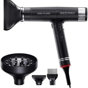 RED Pro Hair Dryer Soni-Clone 110,000 RPM High Speed BLDC Motor Dryer, Strong Air Flow for Fast Drying, Lightweight with Luxury Home & Travel Pouch, Magnetic Nozzle Hair Pik, Diffuser & Concentrator