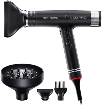 RED Pro Hair Dryer Soni-Clone 110,000 RPM High Speed BLDC Motor Dryer, Strong Air Flow for Fast Drying, Lightweight with Luxury Home & Travel Pouch, Magnetic Nozzle Hair Pik, Diffuser & Concentrator
