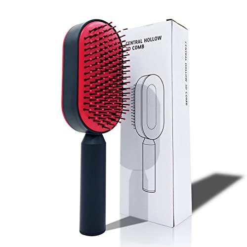 Red Self-Cleaning Detangling Hair Brush for Wet or Dry Use with 3D Cushion Massager