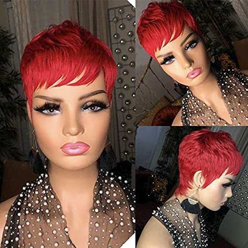 Red Short Pixie Cut Wigs Human Hair for Black Women Brazilian Remy Human Hair Glueless Short Bob Wigs African American Short Style Celebrity Wigs with Temple Bangs