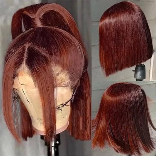 Reddish Brown Colored Straight Bob Human Hair Wig HD Transparent Lace Frontal Wig 13x6 Deep Part Lace Wig Brazilian Hair Short Bob Glueless Wigs 150% Density with Baby Hair Natural Hairline 8inch