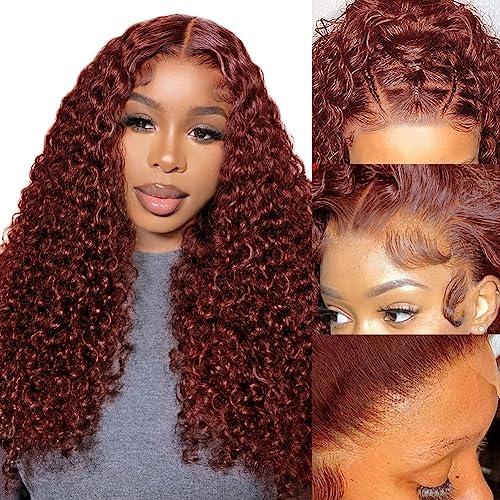 Reddish Brown Curly Wigs Human Hair 13x4 Auburn Brown Deep Wave Lace Front Human Hair Wig Pre Plucked with Baby Hair 150% Density HD Lace Frontal Wigs Human Hair 22Inch