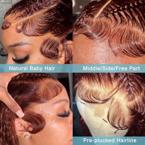 Reddish Brown Lace Front Wigs Human Hair 13x4 Reddish Brown Curly Lace Front Wig Human Hair 180% Density for Women Auburn Deep Wave Wigs Copper Red Glueless Curly Wig Pre Plucked 18 Inch - Image 3