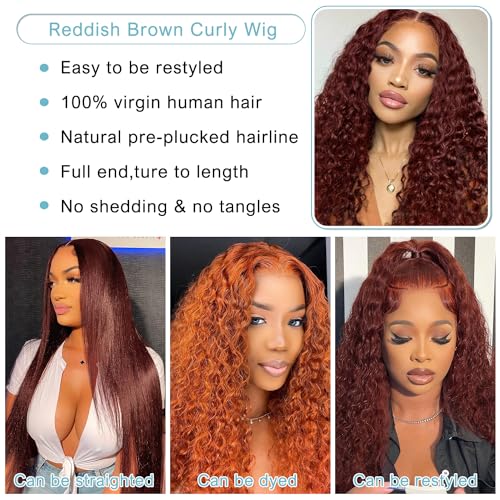 Reddish Brown Lace Front Wigs Human Hair 13x4 Reddish Brown Curly Lace Front Wig Human Hair 180% Density for Women Auburn Deep Wave Wigs Copper Red Glueless Curly Wig Pre Plucked 18 Inch - Image 4