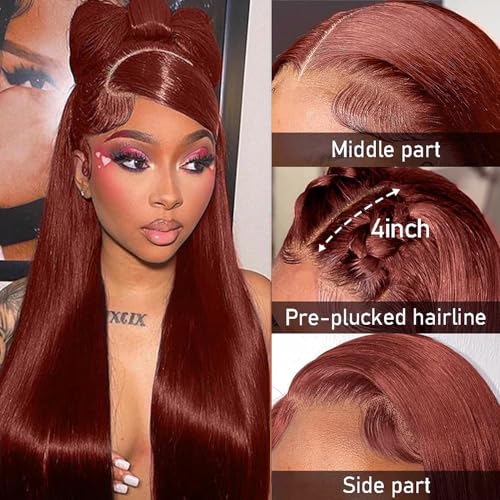 Reddish Brown Wig Pre Plucked 13x4 Colored Human Hair Lace Front Wigs Straight Glueless Wigs Human Hair HD Lace Frontal Human Hair Wig Pre Plucked with Baby Hair Auburn Wig Human Hair 22 Inch - Image 2