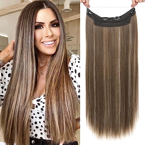 24 Inch Invisible Wire Hair Extensions for Women - Light Brown with Highlights
