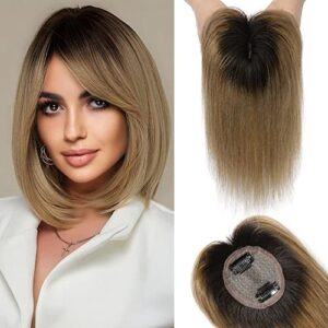 REECHO Hair Toppers for Women Real Human Hair, Hair Toppers with Bangs, Topper Hair Pieces for Women with Thinning Hair, Clip In Hair Topper Top Hair Extensions 10 Inch - Ombre Ash Blonde