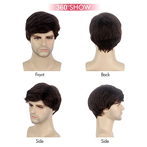 REEWES Mens Dark Brown Wig Short Men Wig Curly Men's Wig with Side Swept Bangs Natural Synthetic Full Wig for MaleDaily Party Costume Cosplay Wear - Image 5
