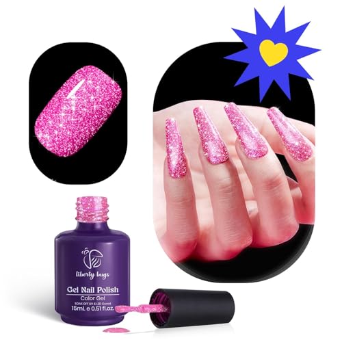 Reflective Gel Nail Polish 15ml - Party Princess Hot Pink Glitter Diamond UV Nail Polish, Soak off Glitter Gel Polish Nail Art, Manicure Salon Quality, DIY at Home