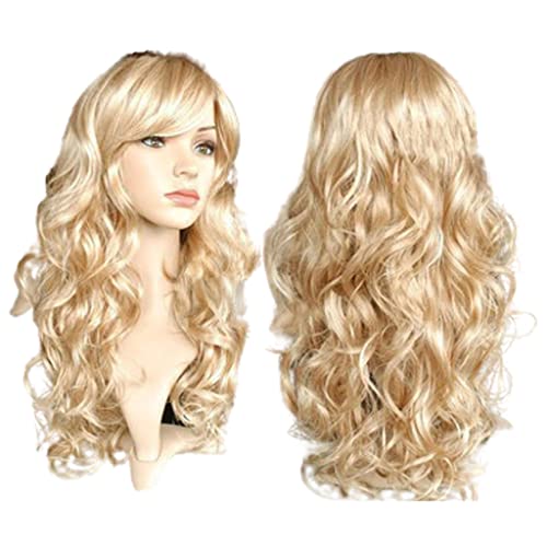 Refrescante Long Curly Blonde Wigs Women's Long Curly Body Wavy Heat Resistant Blonde With Highlights Wig Synthetic Full Hair Wig For Women (Blonde) Adjustable