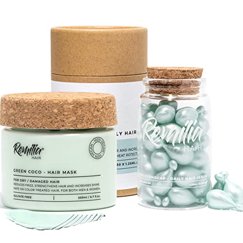 Remilia Hair Serum & Keratin Mask for Frizzy, Dry Damaged Hair & Growth - Deep Conditioning Protein Treatment Mask & Color Safe Heat Protectant Oil with Amino Acids - For All Types