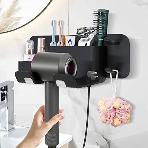 Removable Self-Adhesive Wall Mount Hair Dryer Holder with Plug Hook Organizer for Bathroom