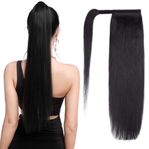 Remy Human Hair Clip in Ponytail Hair Extensions Wrap Around Pony Tails Hairpiece Long Straight Comb Binding One Piece for Women Girl 22 inch Dark Black #1