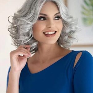 RENERSHOW Mixed Grey Short Wavy Wigs for White Women Medium Length Gray Curly Wig Heat Synthetic Natural Looking Wig