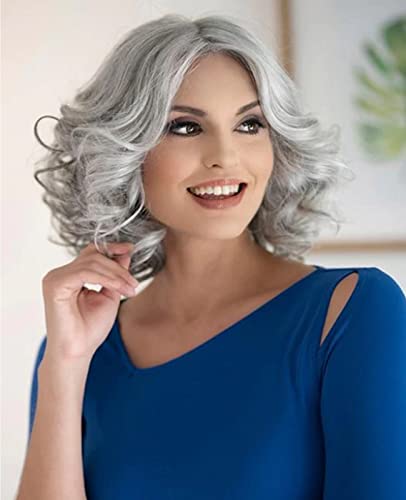 RENERSHOW Mixed Grey Short Wavy Wigs for White Women Medium Length Gray Curly Wig Heat Synthetic Natural Looking Wig