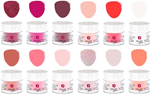 Revel Nail Dip Powder - Pink Dip Powder for Nails, Chip Resistant Dip Nail Powder with Vitamin E and Calcium, DIY Manicure, 12-Pack Light Pink & Red Dip Powder Set